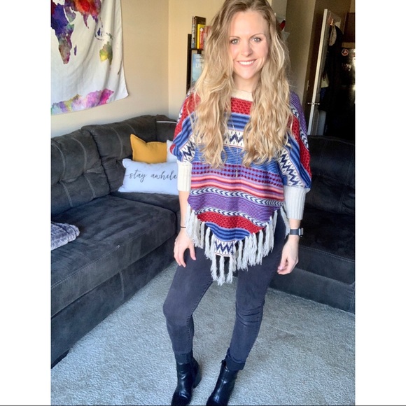 Patterned Poncho Sweater w/ Sleeves and Fringe - Picture 2 of 5